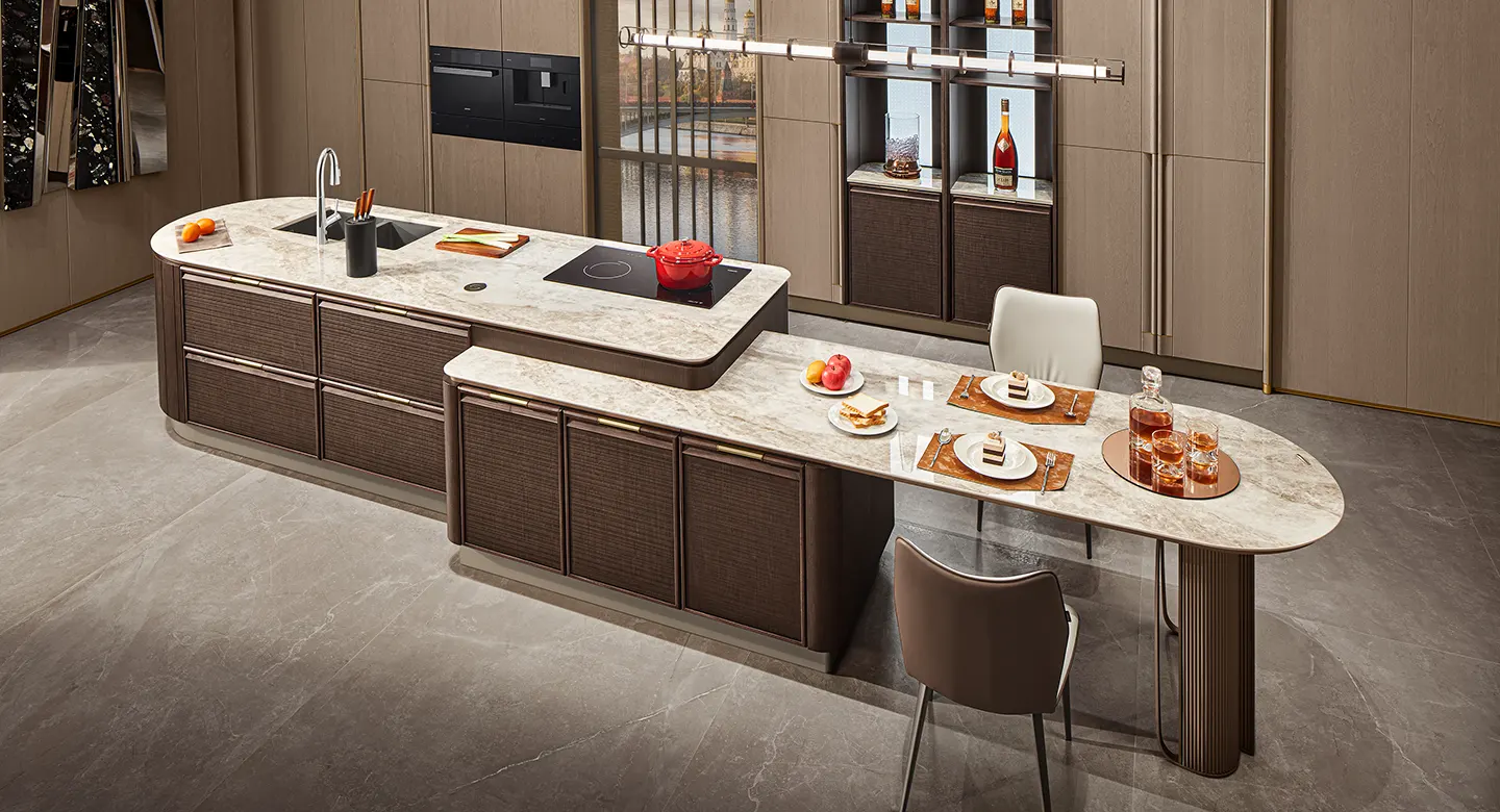 Đảo bếp tích hợp bàn ăn đá Sintered Stone – POLYNESIA